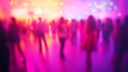 Blurry concert images with people and vibrant neon stage lights
