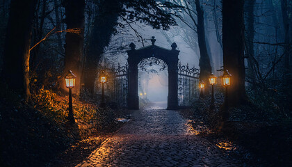 A dark, shadowy forest path lined with flickering lanterns and eerie fog