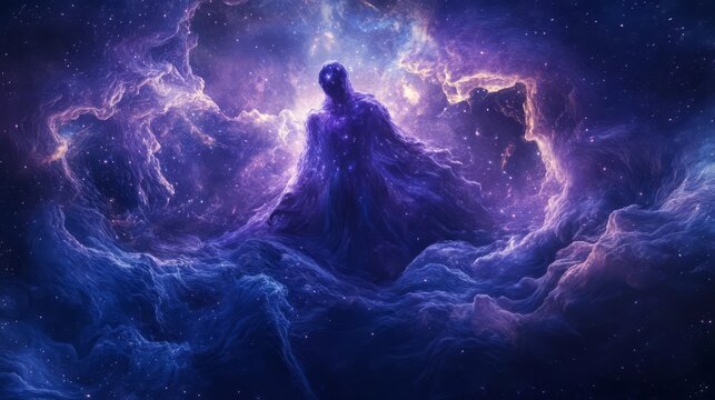A godlike figure with a flowing robe, surrounded by spirits in a cosmic landscape, symbolizing the unity of the universe, Surrealism, Deep blues and purples, Starry background