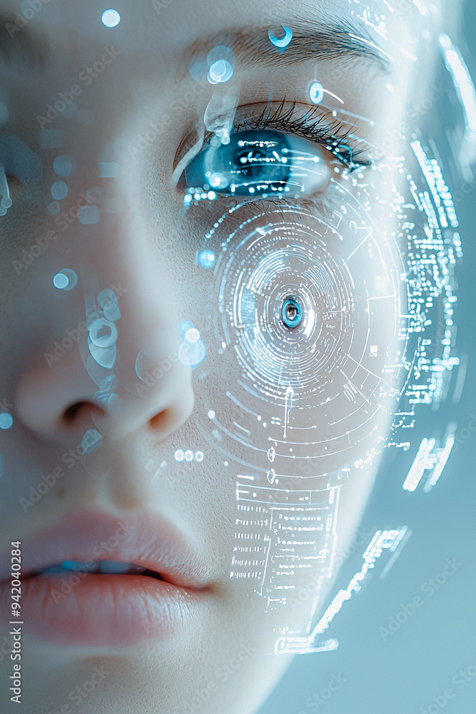 Poster a woman's face is displayed in a computer screen with a blue background