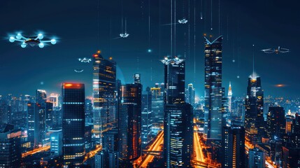 Futuristic Cityscape with Drones