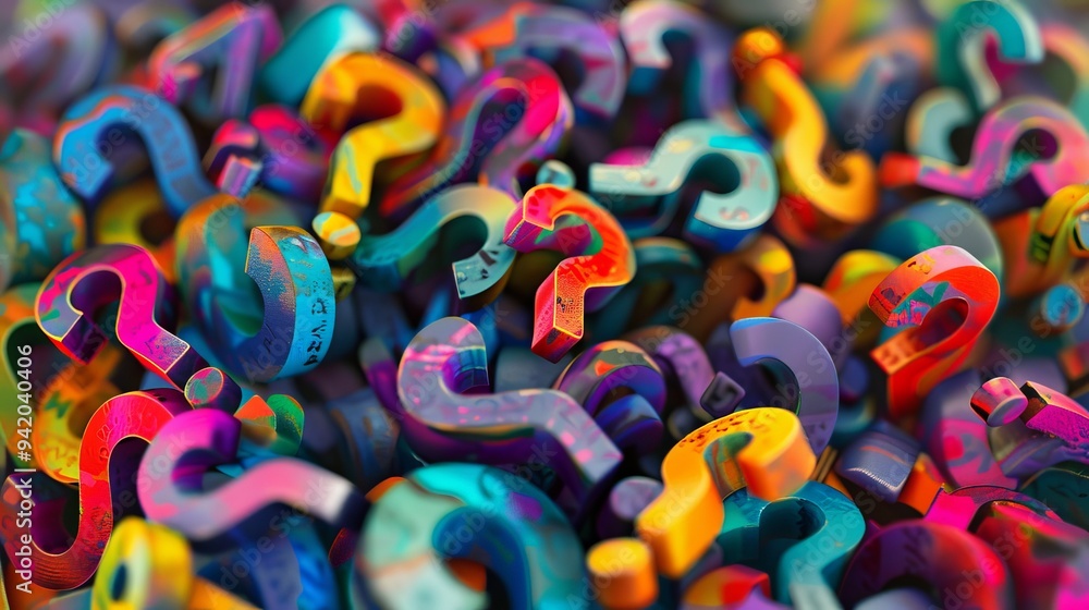 Poster vibrant abstract image filled with question mark details: colorful and dynamic composition