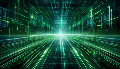 A futuristic digital grid with glowing lines converging into the distance