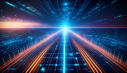 A futuristic digital grid with glowing lines converging into the distance