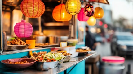 Ethnic food truck with traditional decor, serving authentic dishes, cultural cuisine, global flavors