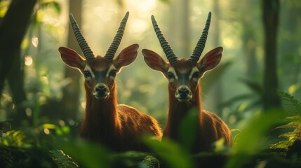 Naklejka premium Rare Saola Pair Illuminated at Dawn, Standing in Jungle Environment, Essential for Biodiversity Studies, Ideal for Educational Content