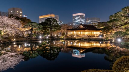 Obraz premium Under the full moon, Lake showcases shimmering reflections. Surrounded by a Japanese garden, the park offers a tranquil escape from the distant city lights