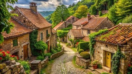 Fototapeta premium Rustic stone cottages with terra cotta roofs line a winding street amidst lush greenery and ancient trees in a serene rural landscape setting.