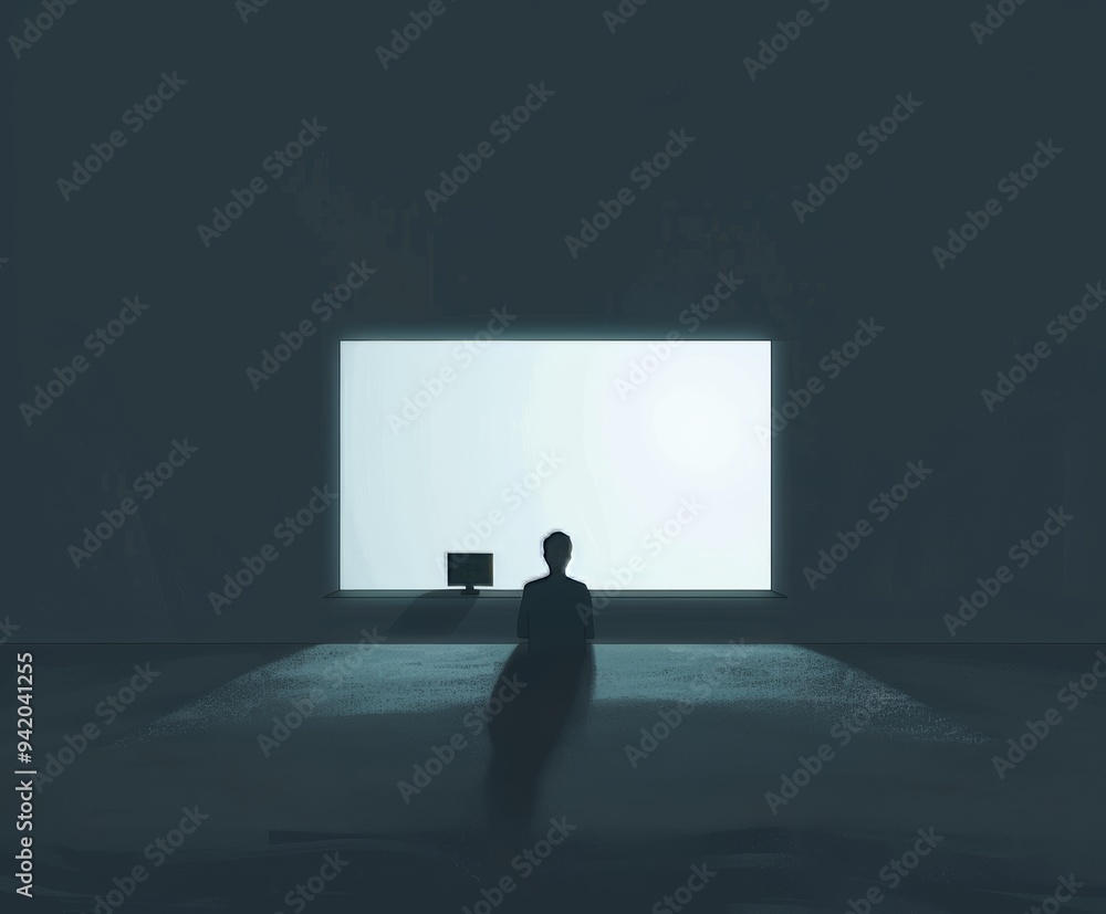 Poster minimalist image of person staring at computer screen: huge dark room, simple design with high contr