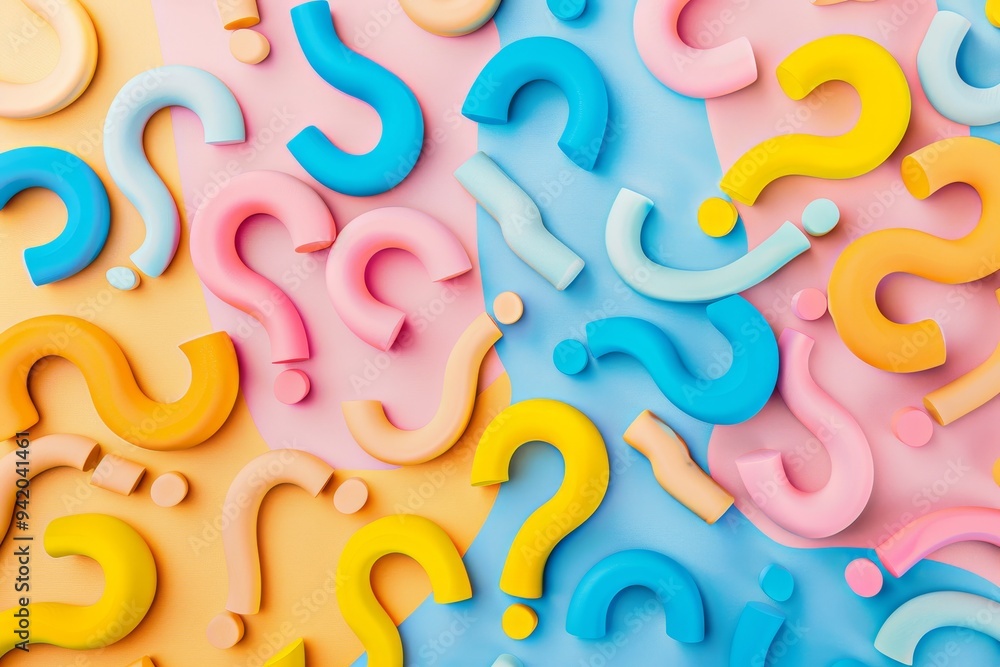 Poster colored background with question marks: simple, raw design with high contrast