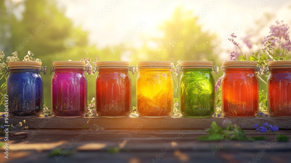 Sticker A row of colorful glass jars filled with homemade jam, set against a vibrant nature background. The jars represent the sweetness of summer and the beauty of nature.