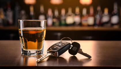 A glass of alcohol left untouched on a bar counter with a set of car keys next to it
