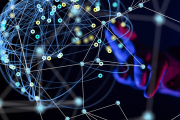 Global network. Blockchain. 3D illustration. Neural networks and artificial intelligence. Abstract