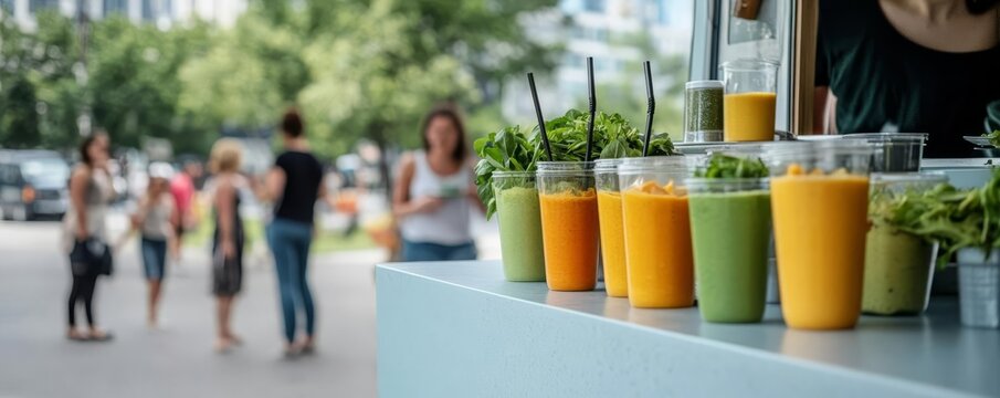 Food truck in a busy city park, serving fresh smoothies and salads, healthy living, urban oasis