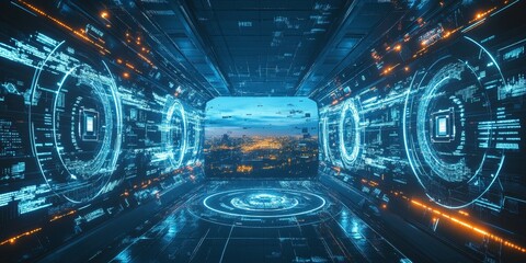 Fototapeta premium A futuristic safe zone with glowing digital walls, intricate security patterns surrounding a calm, serene landscape in the center