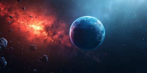 Fototapeta premium An isolated blue planet orbiting a dying red star, illuminated by a dim glow, with asteroid belts faintly visible in the background