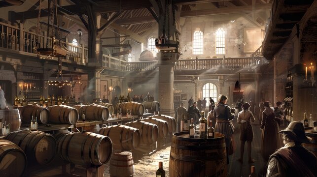 Busy French Wine Brewing in 18th Century Château: Warm Tones, Natural Lighting, Detailed Winemaking, Historical Ambiance - Powered by Adobe