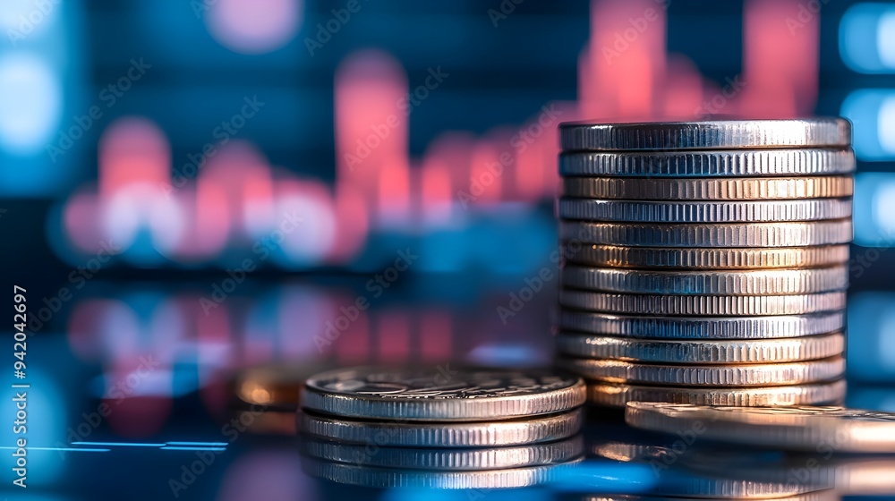 Poster stacked coins with financial graph in the background providing copy space for adding text or overlay