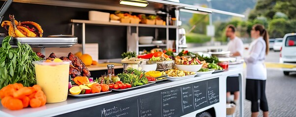 Food truck with a blackboard menu, serving daily specials made from fresh ingredients, seasonal dishes, chef's choice
