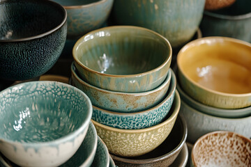 a collection of ceramic mixing bowls in varying sizes, stacked together in a nesting pattern, each with a unique glaze