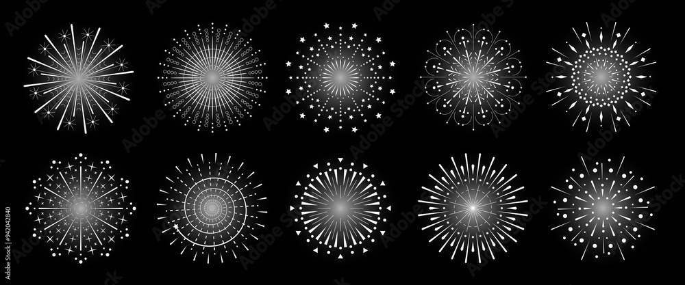 Poster firework sparkle ray set. radiant sunburst abstract collection. different shine sunrays or fireworks