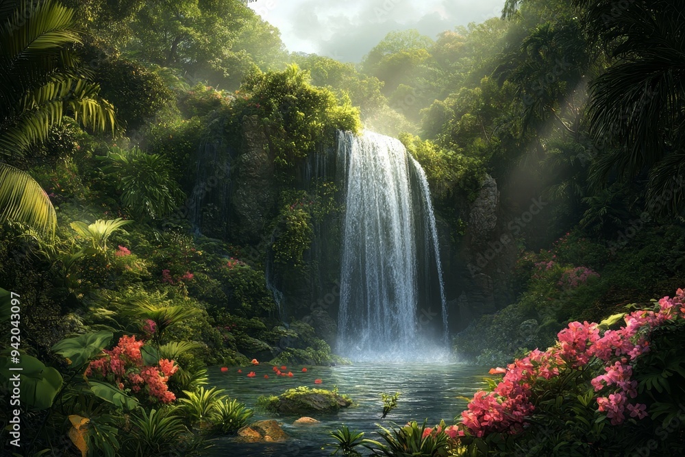 Wall mural A serene waterfall cascades down a lush, green cliff face in a tropical rainforest. Sunlight filters through the canopy, illuminating the cascading water and creating a tranquil atmosphere. The vibran