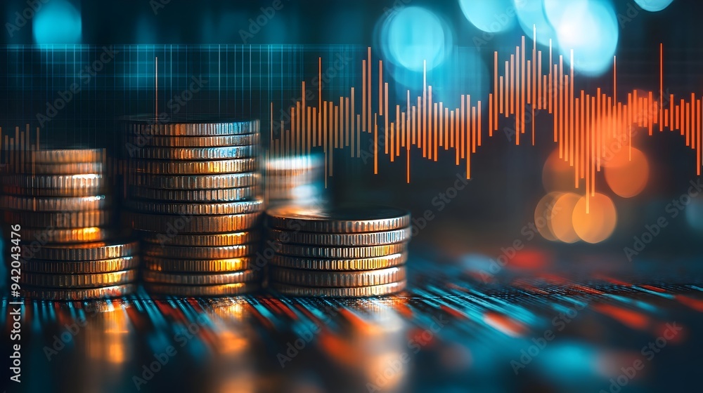 Poster stacked coins with a financial graph or chart in the background symbolizing wealth financial growth 