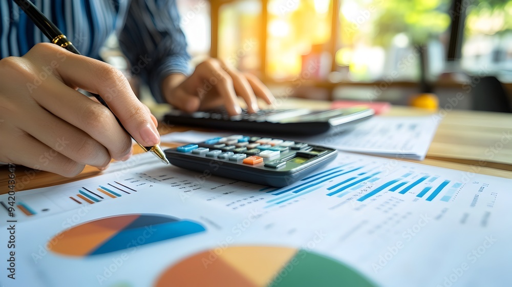 Poster financial analyst using calculator on desk with accounting documents and financial reports for busin