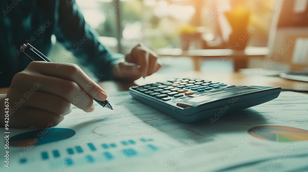 Aufkleber businessman using a calculator with various financial documents spreadsheets and paperwork spread ou