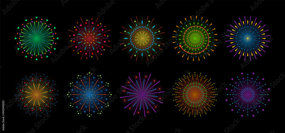 Poster firework sparkle ray set. radiant sunburst abstract collection. shine sunrays or fireworks sparkles 