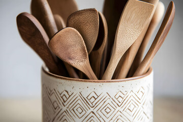 a ceramic utensil holder filled with wooden spoons and spatulas, the holder&rsquo;s exterior adorned with a subtle geometric pattern