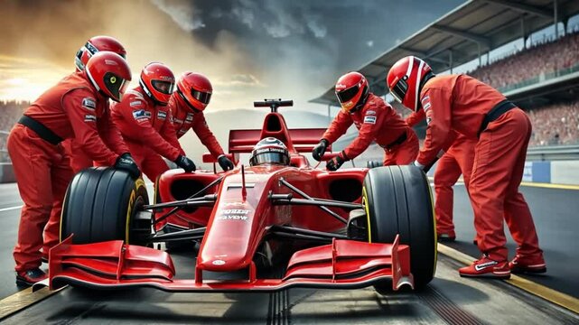 Expert Pit Crew Flawlessly Servicing a Red Formula 1 Car at High Speed During a Thrilling Race, Ensuring Peak Performance on the Track