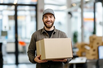 Obraz premium A cheerful delivery worker in a modern warehouse holds a cardboard box, symbolizing logistics and customer satisfaction, with a smiling face, depicting efficiency and professionalism