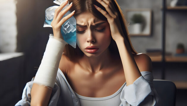 Mujer Aliviando Dolores de Cabeza con Compresa de Gel Fr&iacute;o: Cuidado y Bienestar Personal