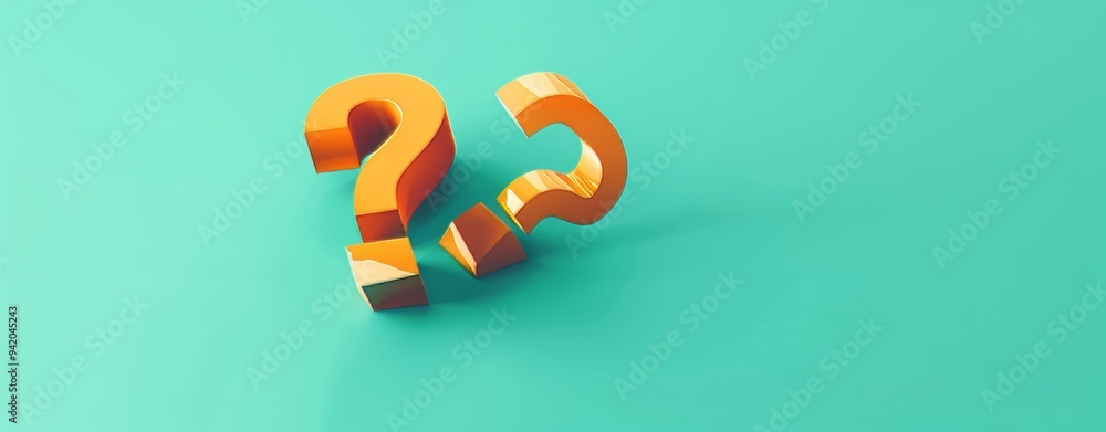 Poster 3d isometric orange question marks on teal background: minimalist style with simple and clean aesthe