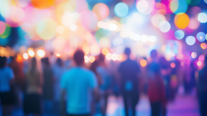 Blurred scenes of a vibrant festival with colorful lights and crowd