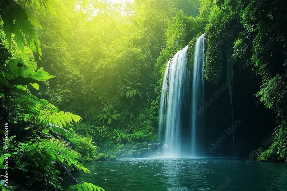 Sticker A stunning waterfall cascades down a rocky cliff face, surrounded by lush green rainforest vegetation. The sunlight filters through the canopy, creating a magical atmosphere. This scene symbolizes pea