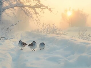 Fototapeta premium Three small birds walking in fresh snow at sunrise on a chilly winter morning in a peaceful countryside setting
