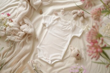 Soft and Cozy Baby Essentials Display with White Onesie and Knit Toys for Nursery Decor