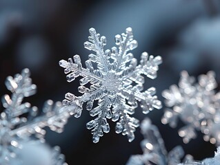 Intricate snowflakes crystallize against a dark backdrop during a winter evening snowfall