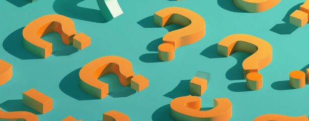 3D Isometric Orange Question Marks on Teal Background: Minimalist Style with Abstract Design, 64:25