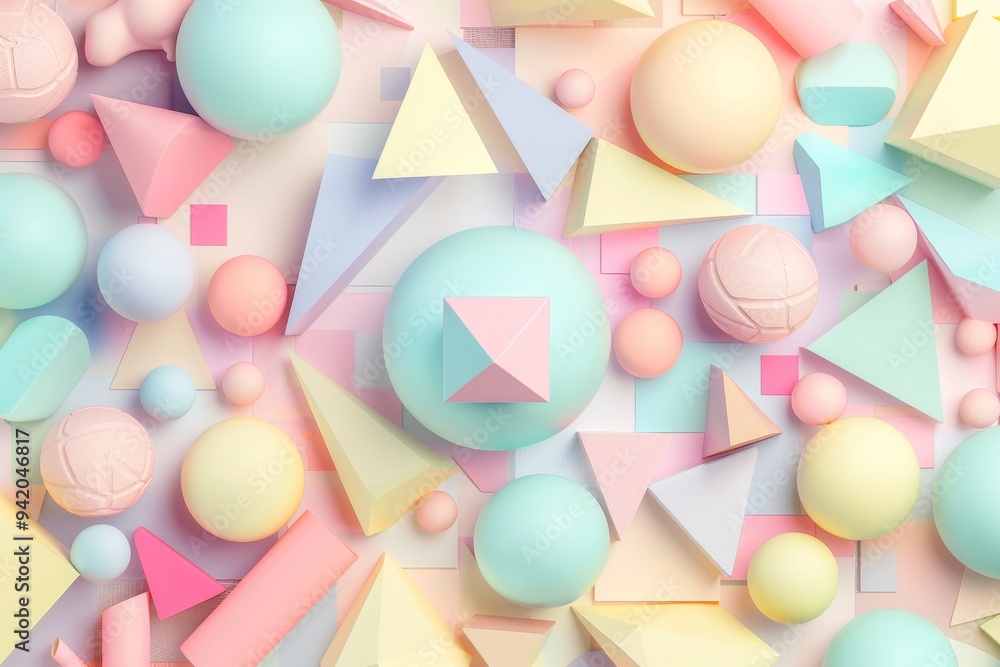 Poster geometric 3d figures in pastel colors, creating a minimalist background with a subtle negative space
