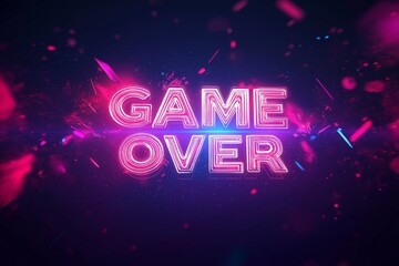 Game Over neon text with tech glitch and motion blurred effects background. Game Over neon design for digital games.