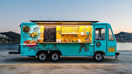 Food truck with a travel-inspired design, serving globally influenced dishes, explorer's taste, worldly flavors