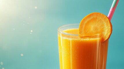 A vibrant carrot juice in a clear cup with a straw and slice, brightens a sunny day.