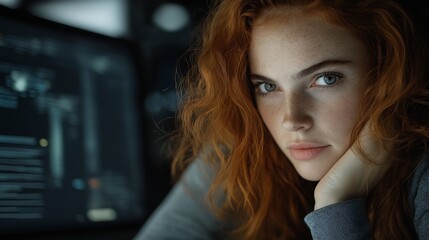redhead haired woman blue eyes looking computer screen portrait goddess inspiring freckles chicks rogue lady sitting desk face dating princess fiery