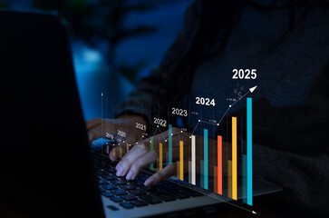 2025 Businesswoman analyzing company financial balance sheet working with digital virtual graphics Businessman calculating financial data for long term investment growth goals