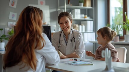 Obraz premium A smiling female doctor in a white coat with a stethoscope is providing care and comfort to a mother and her daughter in a modern medical office, emphasizing doctorpatient interaction