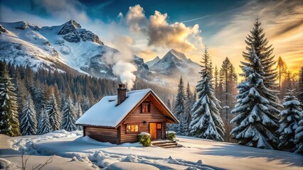 Naklejka premium Secluded rustic wooden house with smoke drifting from chimney, nestled among evergreen trees on a snowy mountain slope, surrounded by breathtaking scenic landscape.
