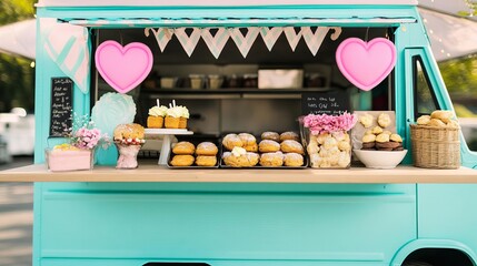 Mobile bakery truck with a cozy, homestyle feel, serving fresh-baked goods, warm treats, homemade flavors